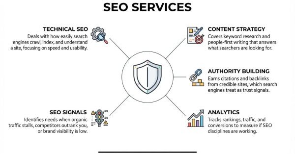 Educational B2B procurement infographic titled 'SEO Services' centered on a security shield enclosed in a circular badge, radiating outward to five core delivery disciplines and diagnostics: Technical SEO, Content Strategy, Authority Building, Analytics, and SEO Signals