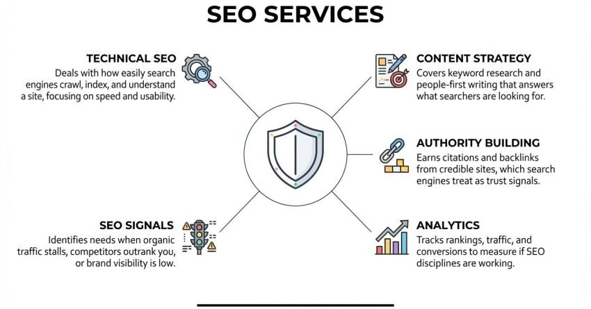 Educational B2B procurement infographic titled 'SEO Services' centered on a security shield enclosed in a circular badge, radiating outward to five core delivery disciplines and diagnostics: Technical SEO, Content Strategy, Authority Building, Analytics, and SEO Signals