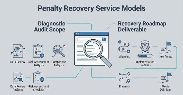 Infographic titled 'Penalty Recovery Service Models' illustrating a diagnostic audit scope on the left—featuring data review analysis, risk assessment analysis, and compliance analysis—and a recovery roadmap deliverable on the right—featuring planning, implementation timelines, and metric definition—surrounding a central search browser and magnifying glass icon.