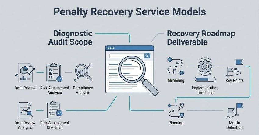 Infographic titled 'Penalty Recovery Service Models' illustrating a diagnostic audit scope on the left—featuring data review analysis, risk assessment analysis, and compliance analysis—and a recovery roadmap deliverable on the right—featuring planning, implementation timelines, and metric definition—surrounding a central search browser and magnifying glass icon.