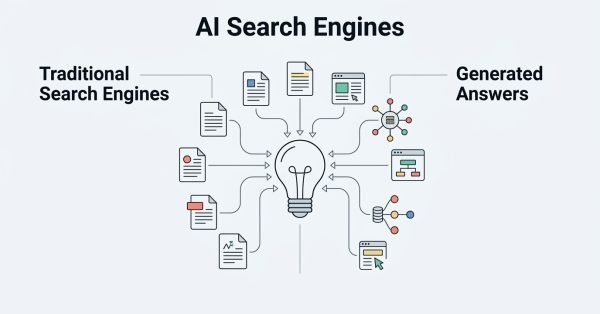 Infographic on AI search engines, detailing traditional search engines and generated answers.