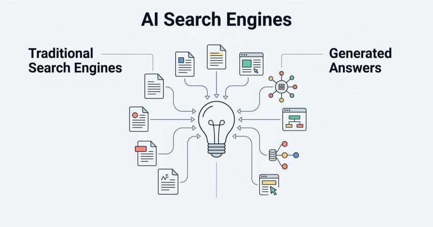 Infographic on AI search engines, detailing traditional search engines and generated answers.