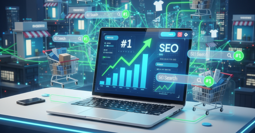 Laptop with analytics dashboard, SEO charts, and eCommerce icons representing search ranking growth and online sales success.