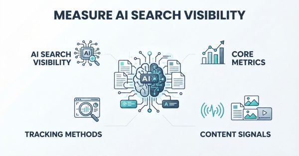 Infographic on measure AI search visibility, detailing AI search visibility, tracking methods, core metrics, and content signals.