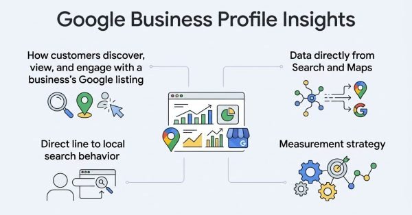 Infographic on Google Business Profile insights, detailing how customers discover, view, and engage with a business's Google listing, data directly from Search and Maps, a direct line to local search behavior, and a measurement strategy.