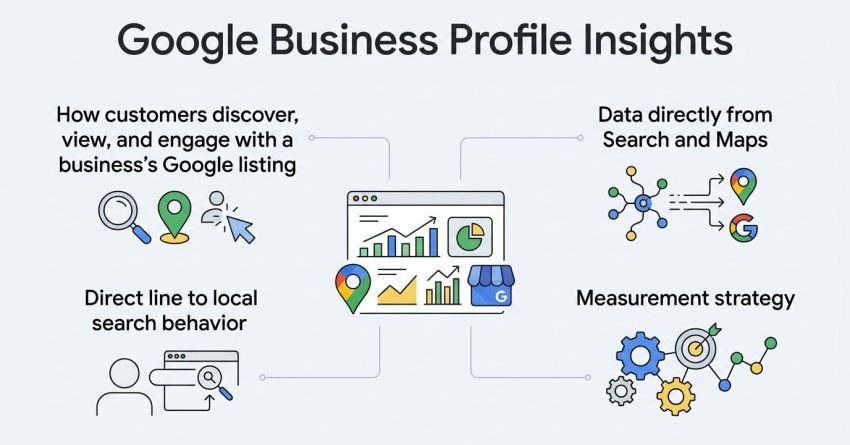 Infographic on Google Business Profile insights, detailing how customers discover, view, and engage with a business's Google listing, data directly from Search and Maps, a direct line to local search behavior, and a measurement strategy.