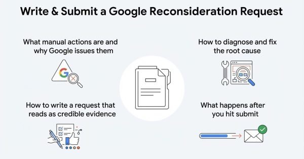 Infographic titled 'Write & Submit a Google Reconsideration Request' illustrating what manual actions are and why Google issues them on the top left, how to write a request that reads as credible evidence on the bottom left, how to diagnose and fix the root cause on the top right, and what happens after you hit submit on the bottom right, surrounding a central document file icon.