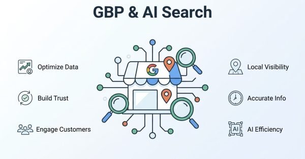 Infographic titled 'GBP & AI Search' illustrating six key components: optimize data, build trust, engage customers on the left, and local visibility, accurate info, and AI efficiency on the right surrounding a central storefront icon with digital connections.