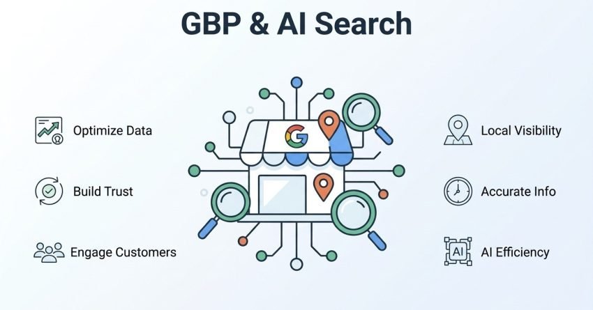 Infographic titled 'GBP & AI Search' illustrating six key components: optimize data, build trust, engage customers on the left, and local visibility, accurate info, and AI efficiency on the right surrounding a central storefront icon with digital connections.
