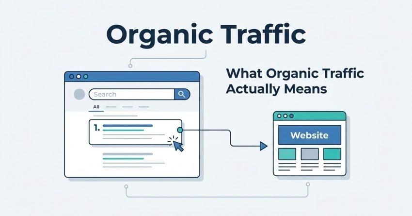B2B educational infographic titled 'Organic Traffic' showing a user clicking the top organic search result on a SERP browser window and routing directly to a website landing page