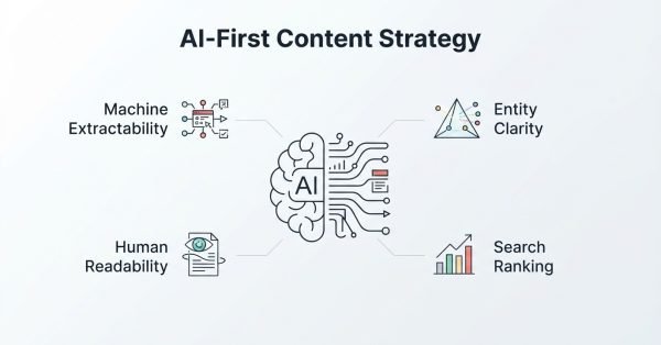 Infographic on AI-first content strategy, detailing machine extractability, entity clarity, human readability, and search ranking.