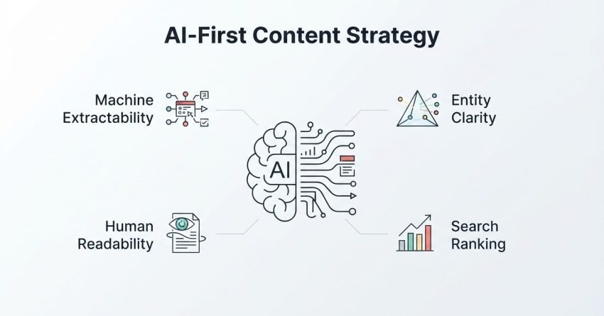 Infographic on AI-first content strategy, detailing machine extractability, entity clarity, human readability, and search ranking.