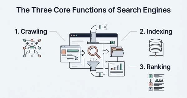 B2B educational infographic titled 'The Three Core Functions of Search Engines' detailing Crawling, Indexing, and Ranking