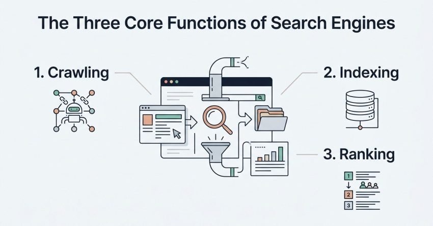 B2B educational infographic titled 'The Three Core Functions of Search Engines' detailing Crawling, Indexing, and Ranking