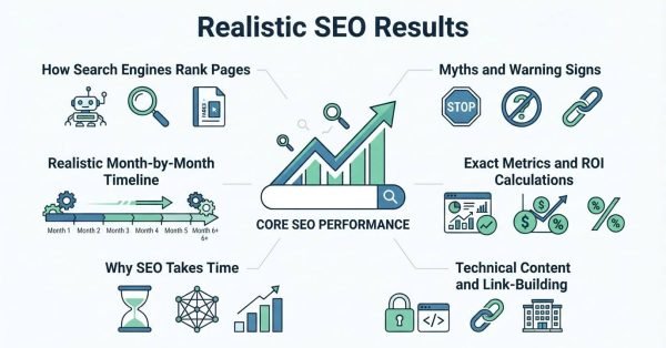 Infographic on realistic SEO results, detailing how search engines rank pages, realistic month-by-month timeline, why SEO takes time, myths and warning signs, exact metrics and ROI calculations, and technical content and link-building.