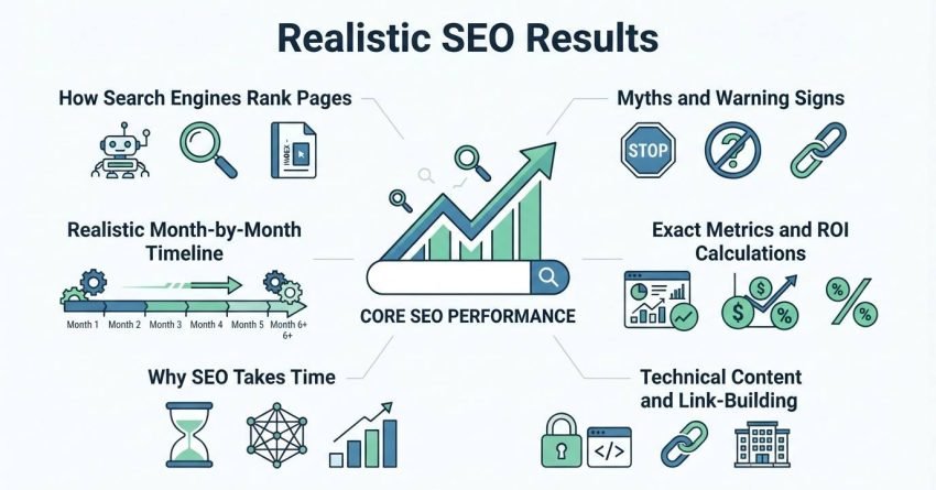 Infographic on realistic SEO results, detailing how search engines rank pages, realistic month-by-month timeline, why SEO takes time, myths and warning signs, exact metrics and ROI calculations, and technical content and link-building.
