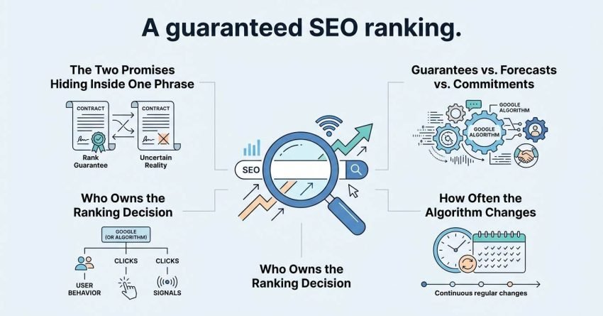 B2B technical educational infographic titled 'A guaranteed SEO ranking.' detailing the illusion of rank guarantees, the realities of Google algorithm ownership, and the frequency of continuous algorithm updates around a central magnifying glass and SEO metric core