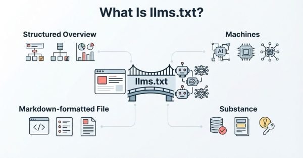 Infographic on what is llms.txt, detailing structured overview, markdown-formatted file, machines, and substance.