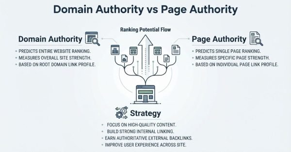 B2B technical educational infographic titled 'Domain Authority vs Page Authority' comparing domain-level ranking metrics on the left against individual page-level metrics on the right, converging into a central 'Ranking Potential Flow' pipeline with an upward growth arrow and an overarching tactical Strategy section below