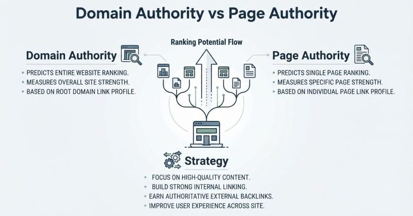 B2B technical educational infographic titled 'Domain Authority vs Page Authority' comparing domain-level ranking metrics on the left against individual page-level metrics on the right, converging into a central 'Ranking Potential Flow' pipeline with an upward growth arrow and an overarching tactical Strategy section below
