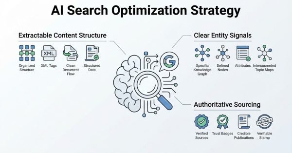 Infographic on AI search optimization strategy, detailing extractable content structure (organized structure, XML tags, clean document flow, and structured data), clear entity signals (specific knowledge graph, defined nodes, attributes, and interconnected topic maps), and authoritative sourcing (verified sources, trust badges, credible publications, and verifiable stamps)