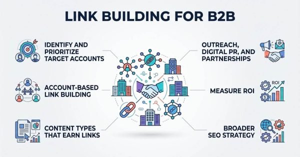 B2B link building infographic outlining key digital marketing steps including target account identification, account-based link building, content creation, digital PR outreach, ROI measurement, and broader SEO strategy integration.