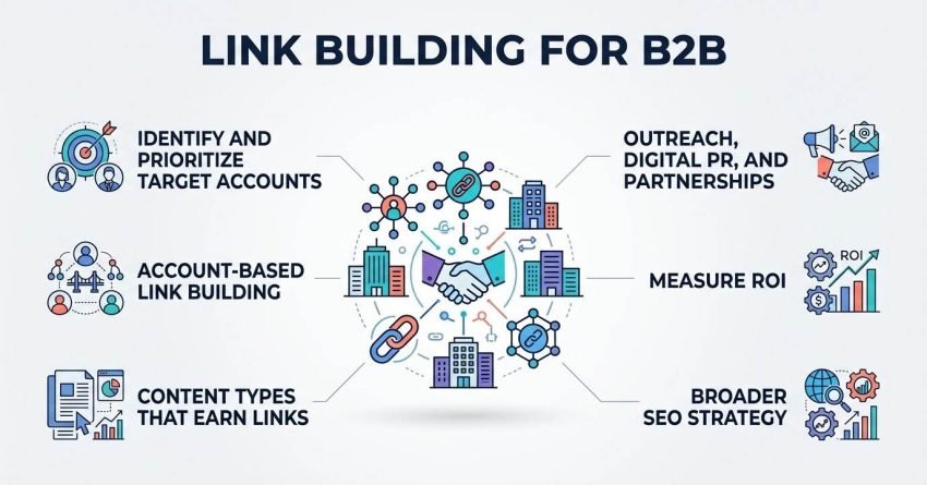 B2B link building infographic outlining key digital marketing steps including target account identification, account-based link building, content creation, digital PR outreach, ROI measurement, and broader SEO strategy integration.