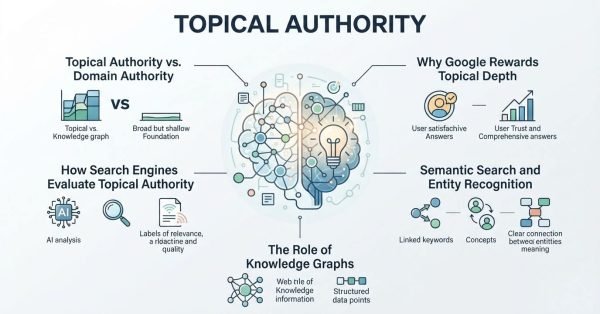 B2B corporate technical infographic titled 'TOPICAL AUTHORITY' detailing search engine entity evaluation, semantic depth, Knowledge Graph integration, and domain authority comparisons around a central dual-hemisphere brain featuring interconnected data nodes and an illuminated lightbulb idea core