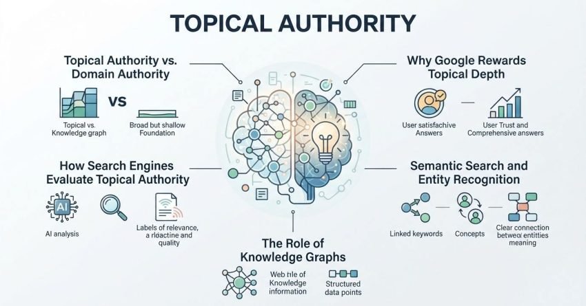 B2B corporate technical infographic titled 'TOPICAL AUTHORITY' detailing search engine entity evaluation, semantic depth, Knowledge Graph integration, and domain authority comparisons around a central dual-hemisphere brain featuring interconnected data nodes and an illuminated lightbulb idea core
