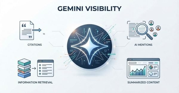 Infographic on Gemini visibility, detailing citations, AI mentions, information retrieval, and summarized content