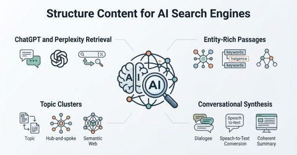 Infographic on how to structure content for AI search engines, detailing ChatGPT and Perplexity retrieval, entity-rich passages, topic clusters, and conversational synthesis