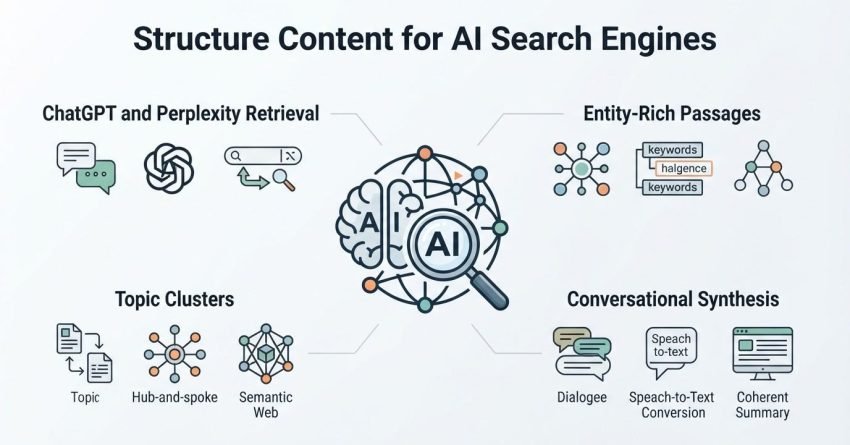 Infographic on how to structure content for AI search engines, detailing ChatGPT and Perplexity retrieval, entity-rich passages, topic clusters, and conversational synthesis