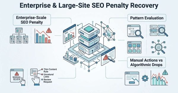 Infographic titled 'Enterprise & Large-Site SEO Penalty Recovery' illustrating enterprise-scale SEO penalties on the left-covering site hierarchies, traffic drops, manual reviews, thin content rules, unnatural links, and review requests-pattern evaluation on the top right, and manual actions versus algorithmic drops on the bottom right, surrounding a central server rack infrastructure graphic.