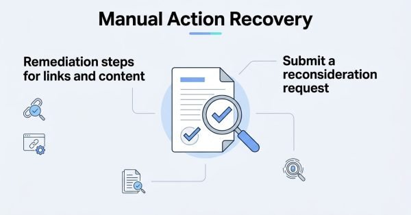 Infographic titled 'Manual Action Recovery' illustrating remediation steps for links and content on the left and submitting a reconsideration request on the right, surrounding a central document with a checkmark and magnifying glass icon.
