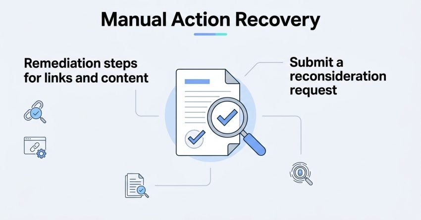 Infographic titled 'Manual Action Recovery' illustrating remediation steps for links and content on the left and submitting a reconsideration request on the right, surrounding a central document with a checkmark and magnifying glass icon.