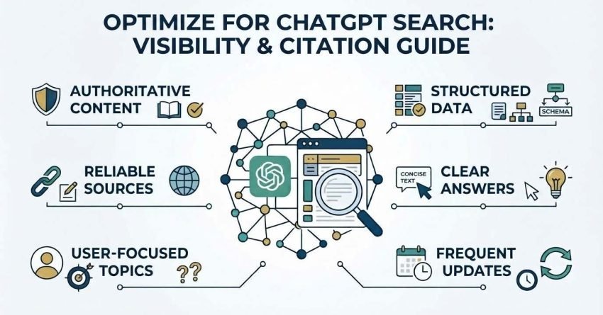 Infographic on how to optimize for ChatGPT search visibility and citation, detailing authoritative content, reliable sources, user-focused topics, structured data, clear answers, and frequent updates.