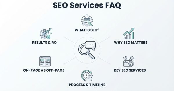 Infographic on SEO services FAQ, detailing what is SEO, why SEO matters, key SEO services, process and timeline, on-page versus off-page optimization, and results and ROI
