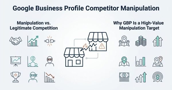 Infographic on Google Business Profile competitor manipulation, detailing manipulation versus legitimate competition on the left and why GBP is a high-value manipulation target on the right.