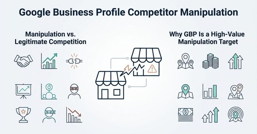 Infographic on Google Business Profile competitor manipulation, detailing manipulation versus legitimate competition on the left and why GBP is a high-value manipulation target on the right.