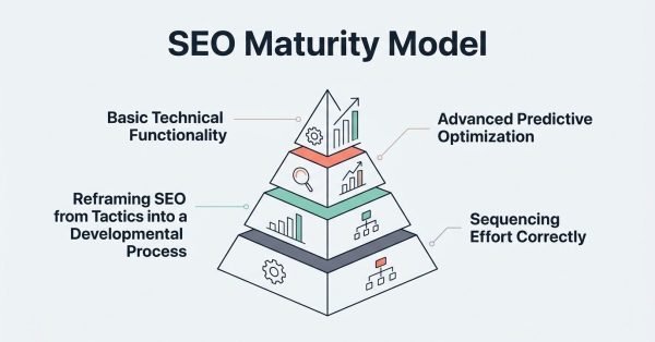 Infographic illustrating the SEO maturity model, reframing SEO from tactics into a developmental process that sequences effort correctly, moving from basic technical functionality to advanced predictive optimization