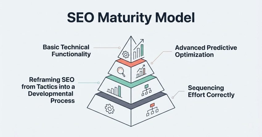 Infographic illustrating the SEO maturity model, reframing SEO from tactics into a developmental process that sequences effort correctly, moving from basic technical functionality to advanced predictive optimization