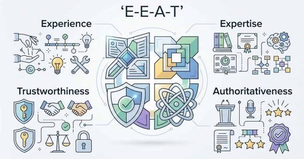 Infographic on E-E-A-T, detailing experience, expertise, authoritativeness, and trustworthiness.