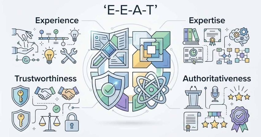 Infographic on E-E-A-T, detailing experience, expertise, authoritativeness, and trustworthiness.