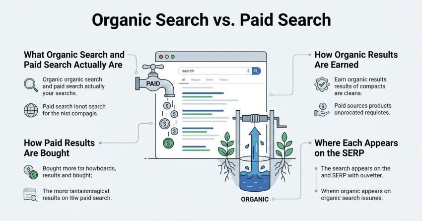 B2B educational infographic titled 'Organic Search vs. Paid Search' contrasting paid media faucet spend against organic compounding well growth