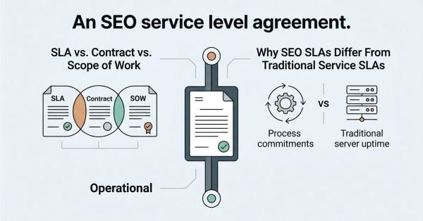 B2B technical educational infographic titled 'An SEO service level agreement.' detailing the differences between SLAs, contracts, and SOWs on the left, contrasted with why SEO SLAs differ from traditional server uptime SLAs on the right, centered around an operational document badge hub