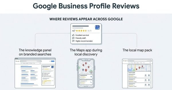 Infographic on Google Business Profile reviews, detailing where reviews appear across Google including the knowledge panel on branded searches, the Maps app during local discovery, and the local map pack.