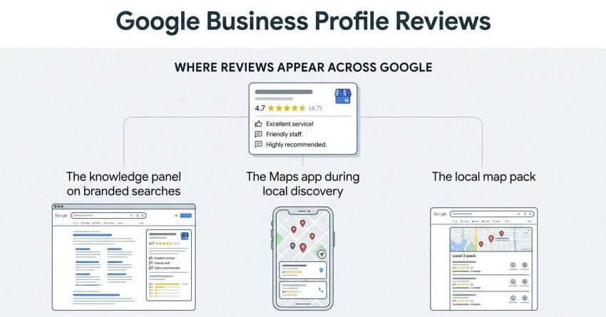 Infographic on Google Business Profile reviews, detailing where reviews appear across Google including the knowledge panel on branded searches, the Maps app during local discovery, and the local map pack.