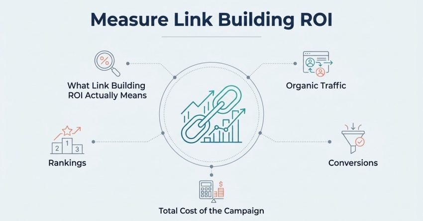 Digital marketing infographic titled "Measure Link Building ROI" illustrating key metrics including campaign costs, search rankings, organic traffic, and conversion funnels.