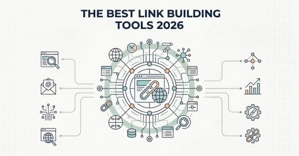 Infographic titled "The Best Link Building Tools 2026" featuring a central interconnected web schematic surrounded by various SEO, outreach, and analytics icons on a grid background.