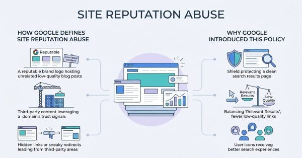 Infographic titled 'Site Reputation Abuse' illustrating how Google defines site reputation abuse on the left—covering reputable brands hosting unrelated low-quality blog posts, third-party content leveraging domain trust signals, and hidden links or sneaky redirects—and why Google introduced this policy on the right—covering clean search result shields, balancing relevant results against low quality, and providing better user experiences—surrounding a central browser and analytics icon.